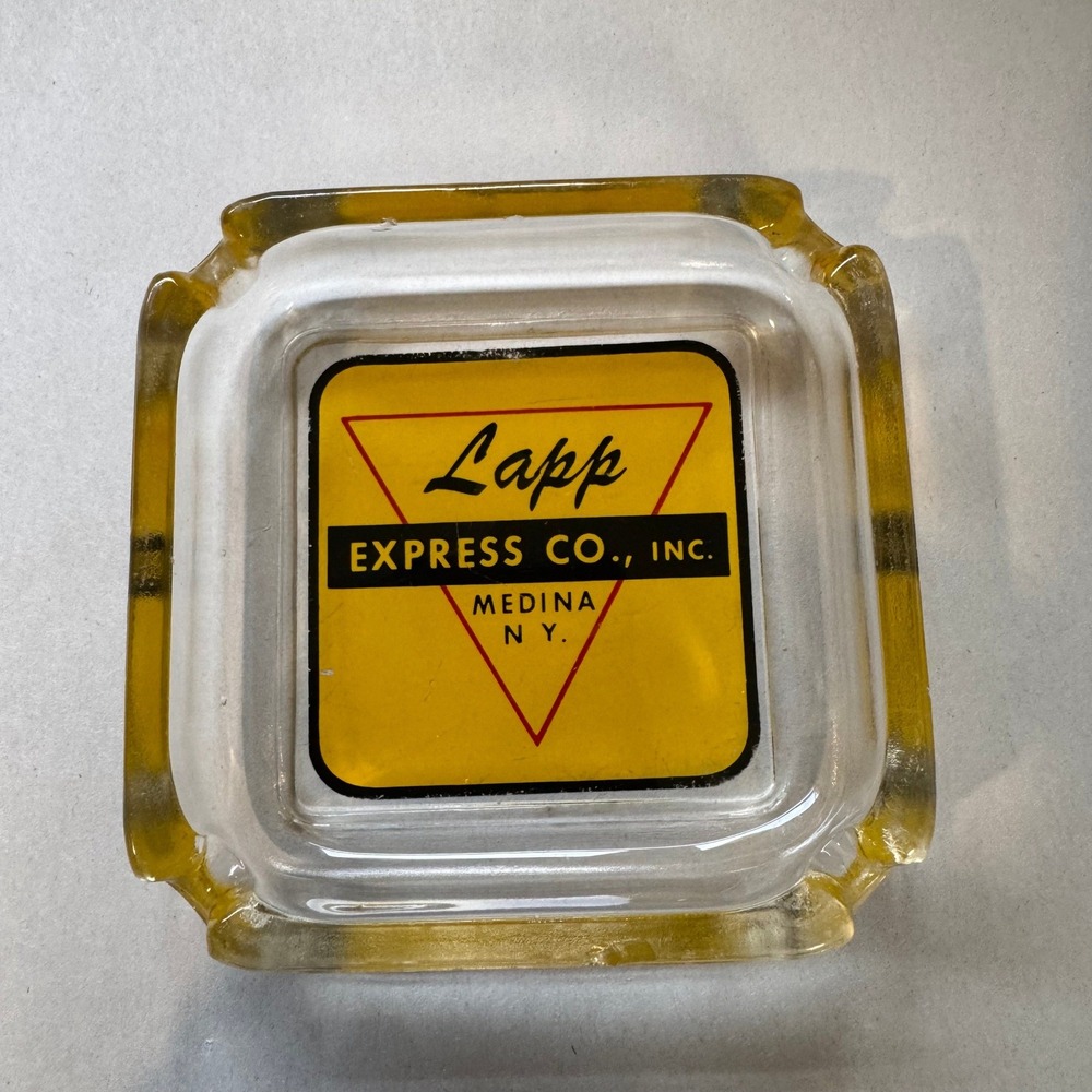 Vintage Lapp Express Co Inc Medina NY Glass Ashtray Yellow Advertising